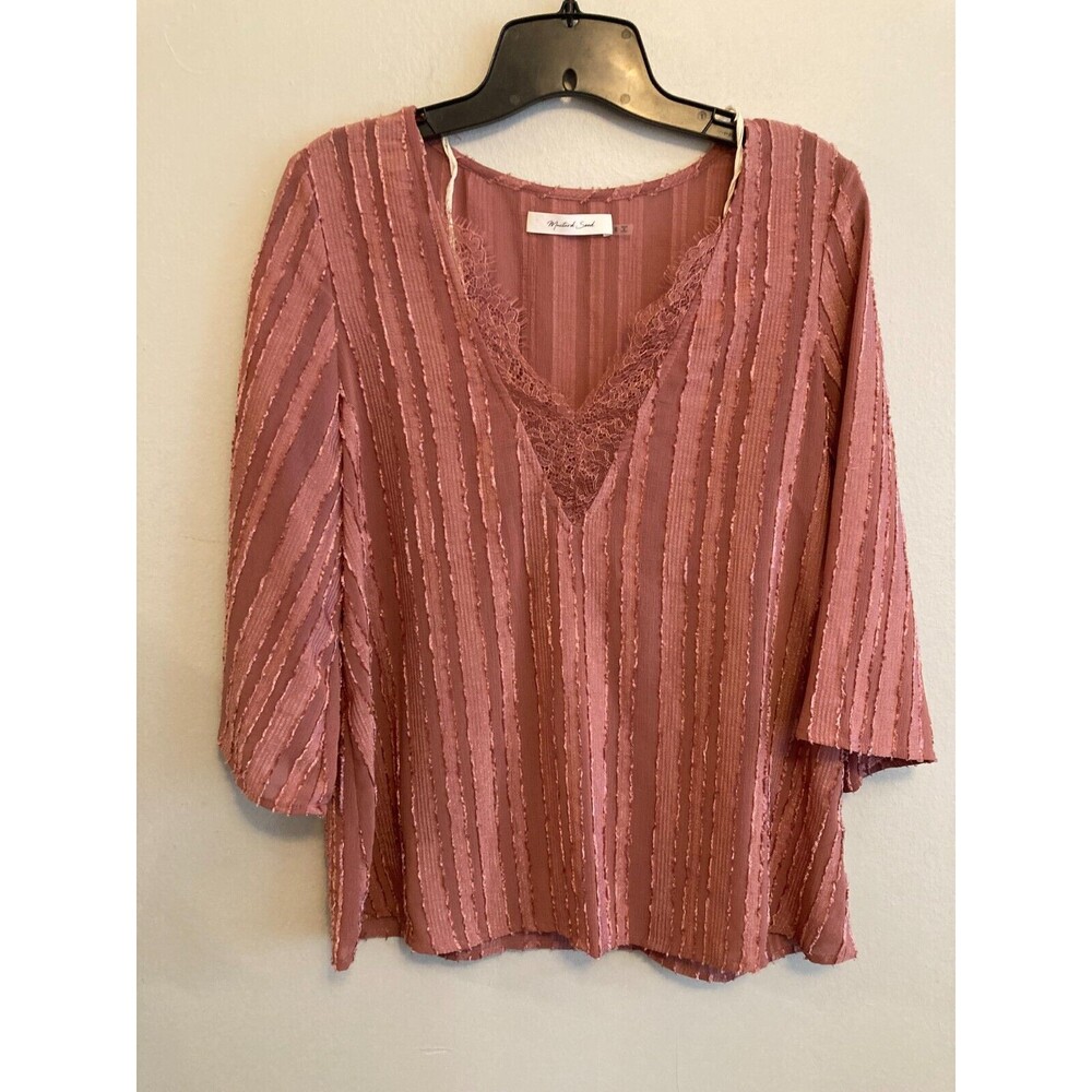 Mustard Seed Women's Top Fall Pink Romantic Lace Trim V Neck 3/4 Sleeve Small